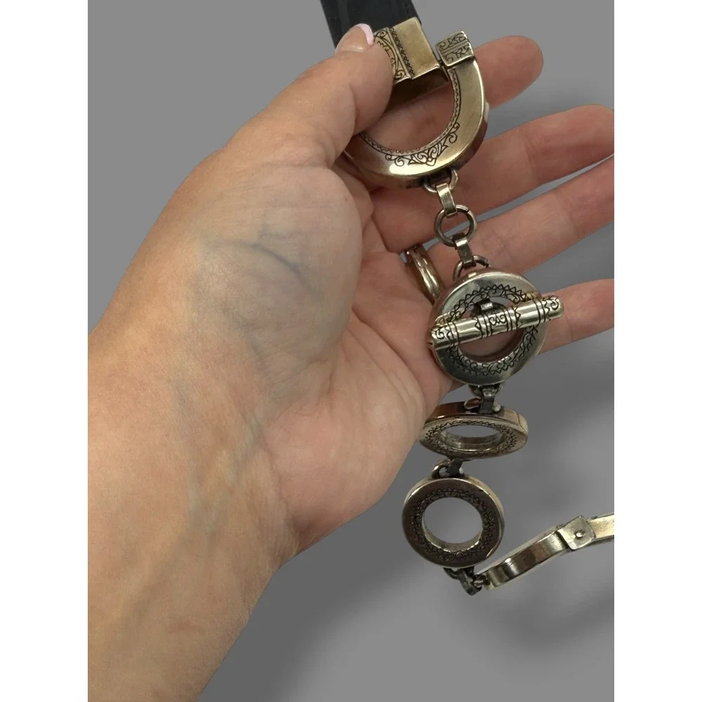 Vintage Brighton Black Leather Toggle Belt Silver Horseshoe Chain M